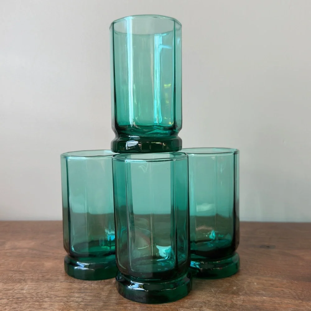 Anchor Hocking Essex Sea Glass Green Glasses Set of 4 Hexagon Tumblers Cups MCM